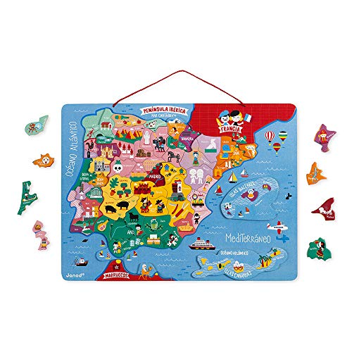 Janod - Puzzle magnético Mapa de España en madera, 50 piezas magnéticas, 40 x 30 cm, Juego educativo a partir de 5 años, J05478