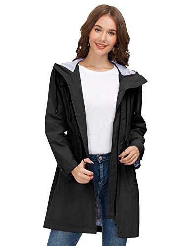 JASAMBAC Chubasqueros largos para mujer impermeables con capucha cortavientos Outwear chaqueta de lluvia gabardina, Negro, Large