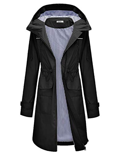JASAMBAC Chubasqueros largos para mujer impermeables con capucha cortavientos Outwear chaqueta de lluvia gabardina, Negro, Large