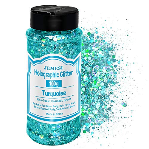 JEMESI 100g Brillo Corporal, Purpurinas Polvo, Chunky Glitter Flakes Paillette Brillante Decoración para Cara Maquillaje Pelo Arte Corporal Uñas y Mejilla - Turquesa