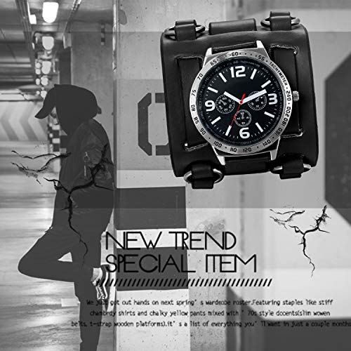 Jewelrywe Reloj de pulsera Hombre Chicos Marron/Brazalete ancho de cuero negro