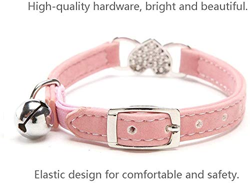 JIA Terciopelo Suave Seguro Gato Ajustable Collar Forma de Corazon Bling Diamante con cascabeles, para Perros pequeños y Gatos (Rosa)