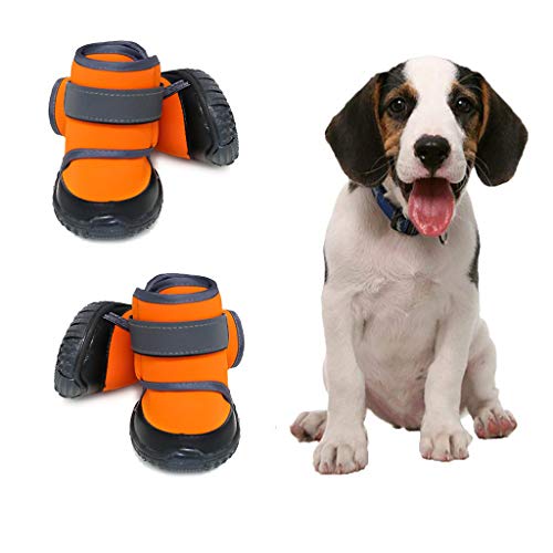 JiAmy Zapatos para Perros Botas para Perros para Patas Medianas y Grandes con Suela Antideslizante, Velcro Reflectante (Naranja 4 Piezas) (M)