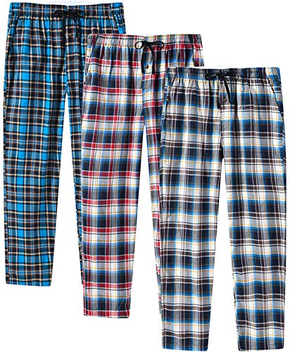 JINSHI Hombre Pantalones Largos de Pijama Algodón Casa Invierno Pantalón Cálido a Cuadros con Bragueta de Botón 3 Pack XXL