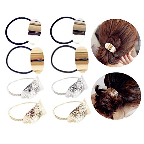 JinYu 8 piezas de metal hoja de pelo cuerda de caballo titular de la cola de caballo anillo de goma elástica para el pelo, accesorios para el pelo, 2 estilos, dorado y plateado