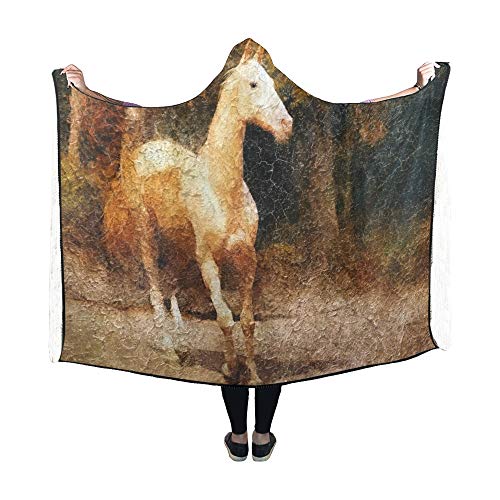 JOCHUAN Manta con Capucha Cremello Akhal Teke Caballo Simulación Vertical Manta Vieja 60x50 Pulgadas Comfotable con Capucha Throw Wrap