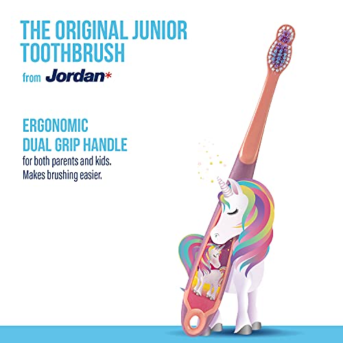 Jordan* | Step 3 | Cepillo de dientes para niños de 6 a 9 años | Cepillo de dientes para niños con cerdas suaves, mango ergonómico doble y sin BPA | Color azul y rosa | Pack de 4 unidades