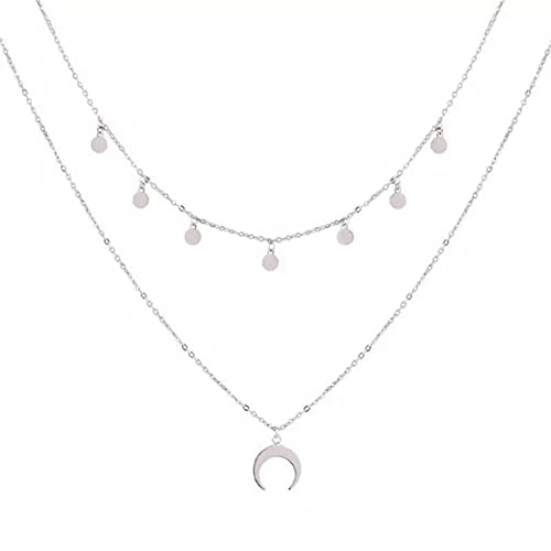 Jovono - Collar con varias capas y colgante de luna creciente, cadena moderna con lentejuelas, joyas para mujer y chica (color plateado)