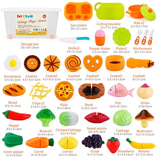 JoyGrow 40 Piezas Alimentos de Juguete Cortar Frutas Verduras, Accesorios de Cocina Juego de Comida,Educación Juegos para Nino,Juego de rol Infantil de Imitación con Caja de Almacenamiento