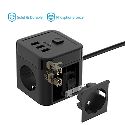 JSVER Cube Regleta Enchufe con USB de 3 Tomas con 3 USB Puertos Alargadera Electrica Protección contra Sobretensiones para el hogar, la Oficina y los ViajesCable 1.5 m Negro