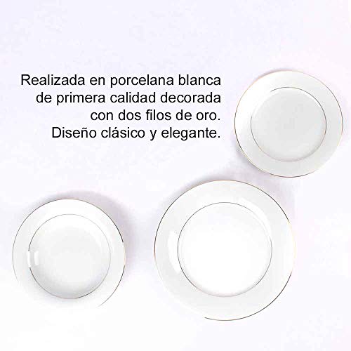 Juego de 18 platos de porcelana blanca Filo de Oro - 6 platos llanos grandes, 6 platos hondos, 6 platos pequeños de postre | BREMEN