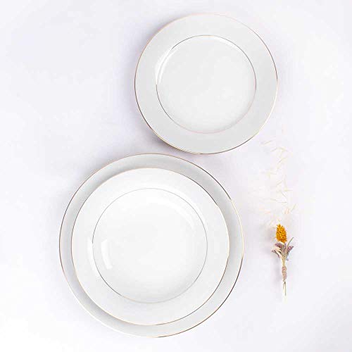 Juego de 18 platos de porcelana blanca Filo de Oro - 6 platos llanos grandes, 6 platos hondos, 6 platos pequeños de postre | BREMEN