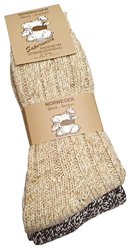 Juego de 2 pares de calcetines noruegos (calcetines de lana), tejidos, unisex beige 35-38