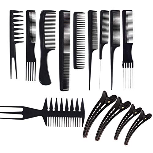 JZK Set de 10 peines profesional y 4 clips para el pelo - peine de salón antiestático peluquería peines para estilista de salón peluquero peluquero