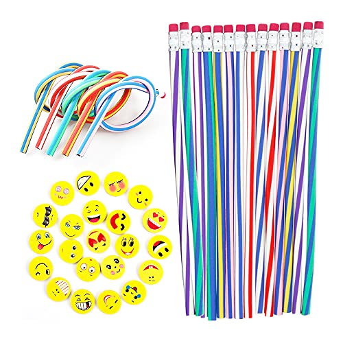 Kaimeilai 30 lápices flexibles y flexibles y 32 gomas de borrar con emoticonos, pequeños regalos para niños