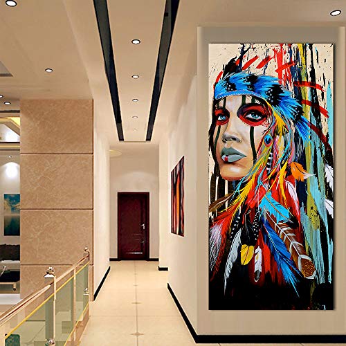 Karen Max - Lienzo Decorativo Vertical para salón, diseño de Mujer India con Plumas, 50 x 100 cm, sin Marco