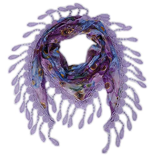 KAVINGKALY Triángulo impreso mantilla Velos ligero de encaje borla bufanda Moda Floral pañuelo para la mujer (Flor-púrpura)