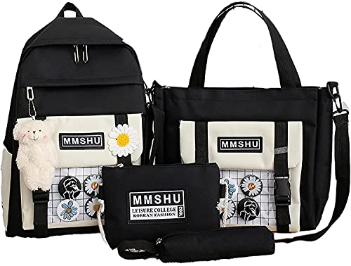 Kawaii - Mochila escolar con colgante de oso de peluche, bolsa de hombro, bolsa de almuerzo, portátil, mochila escolar, suministros de regreso a la escuela, para estudiantes, niñas y niños (negro)