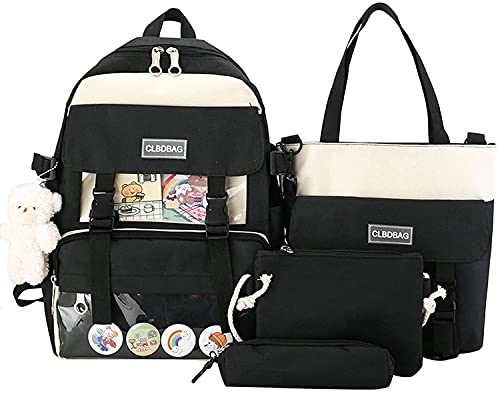 Kawaii - Mochila escolar con colgante de oso de peluche, bolsa de hombro, bolsa de almuerzo, portátil, mochila escolar, suministros de regreso a la escuela, para estudiantes, niñas y niños (negro)