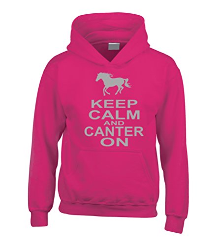 Keep Calm And Canter On - sudadera con capucha en 5 colores diferentes, con imagen de caballo, con diseño de purpurina brillante  rosa fucsia 12-13 Años ( 86 cm)