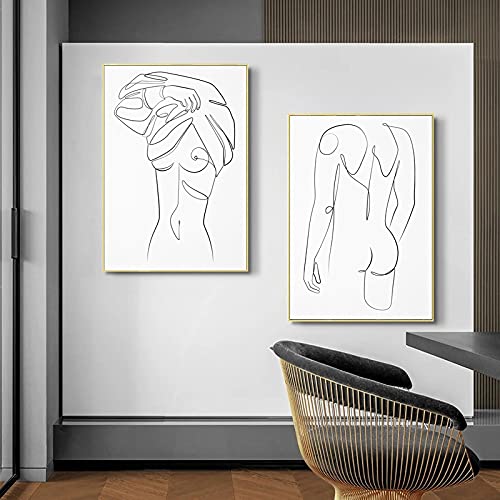 KELEQI Cuadro de Arte de Pared Cuerpo de Mujer y Hombre Dibujo de una línea Silueta Abstracta Pintura de Lienzo Decoración Minimalista para Sala de Estar (30x50cm) X2 Sin Marco