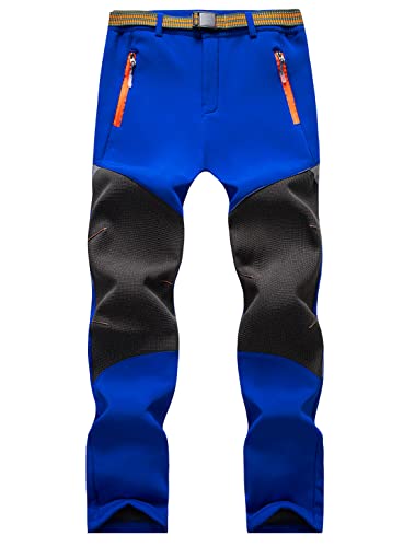 KEZATO Pantalones de softshell para niños (forro polar) resistentes al viento, para exteriores, con bolsillos con cremallera y cinturón., Azul claro., 140 cm
