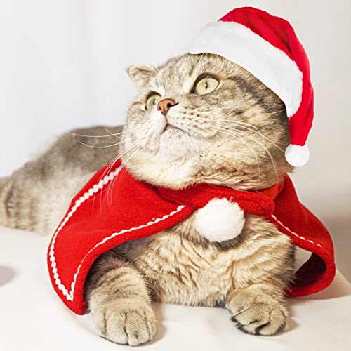 Kiiwah 3 Piezas Ropa de Navidad para Perros Gatos Dogs and Cats, Disfraz Traje Mascotas Pequeños con Sombrero de Santa Navidad, Manto y Cuello de Lazo para Cachorros, Gatos