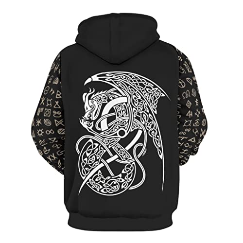kikomia Sudadera con capucha, diseño vikingo de lobo con dragón y nudos, estilo informal, con bolsillo de manga larga, blanco, S