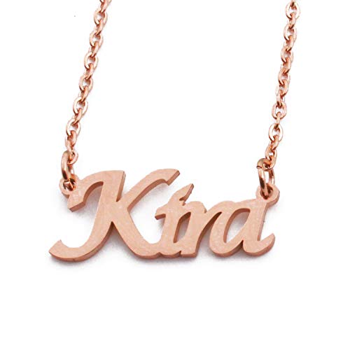 Kira - Collar con nombre personalizado chapado en oro rosa de 18 quilates, colgante personalizado con nombre delicado, joyería para damas, novia, madre, hermana, amigas, bolsa y caja