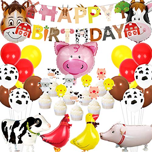 Kit de decoración de cumpleaños de animales de granja globos de granja de granja de feliz cumpleaños para magdalenas de Barnyard 1st 2nd 3rd Birthday Party