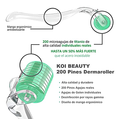 KoiBeauty Dermaroller 0.5 mm Derma Roller Titanio 200 Pines Rodillo de microagujas para rostro cuerpo cuidado de la piel eliminar arrugas cicatrices estrías cabello barba crecimiento esencia absorción