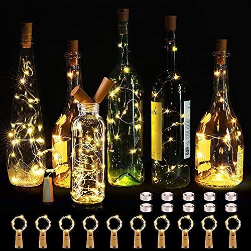 KOTONAMI Luz de Botella,10 Piezas LED Luces Botellas de Vino 2m 20 LED Guirnaldas Pilas Luminosas Decorativas Cobre Luz para BodaNavidad,Fiesta,Jardín(Blanco Cálido)[Clase de eficiencia energética A]