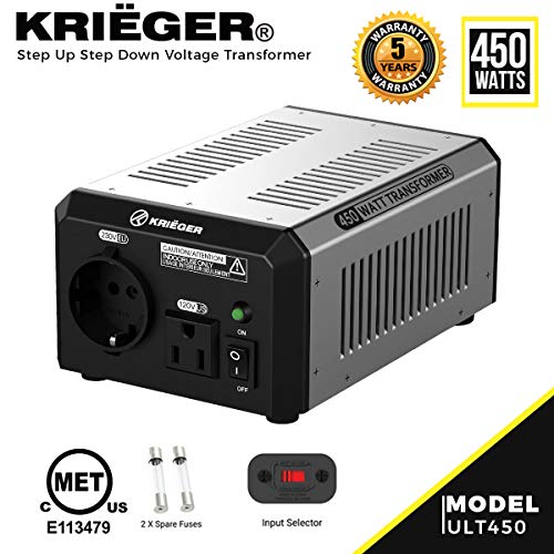 Krieger Transformador de Voltaje. Convierte de 220/230 voltios a 110/120 voltios y a la inversa. Certificación CE, UL, CSA (450 Watts)