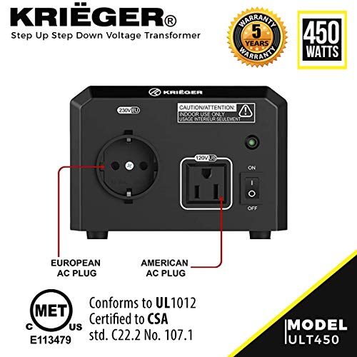 Krieger Transformador de Voltaje. Convierte de 220/230 voltios a 110/120 voltios y a la inversa. Certificación CE, UL, CSA (450 Watts)