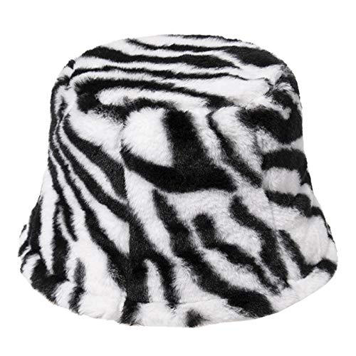 laimoere - Sombrero de Cubo de Felpa con Rayas de Cebra Retro para Mujer, cálido Sombrero de Pescador de Invierno