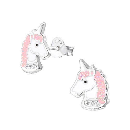 Laimons - Pendientes para niña, joyas para niñas en diseño de unicornio, 11 x 8 mm, rosa con purpurina, plata de ley 925