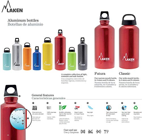 Laken Futura Botella de Agua, Cantimplora de Aluminio Boca Estrecha 1,5L, Gris