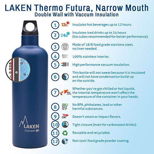 Laken Futura Botella Térmica de Acero Inoxidable 18/8 y Aislamiento de Vacío con Doble Pared, Plateado, 750 ml