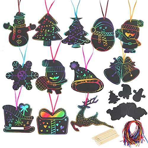 LAMEK 48 Piezas Scratch Art Navidad Papel de Rascar Navideños Manualidades con 12 Lápices de Madera y Cintas Accesorios Fiestas para Rascar Niños Navideña Cumpleaños Clase de Artesanía Escuela