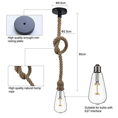 Lámpara de Cuerda de Cáñamo, Lámpara Cuerda Vintage para Comedor, Sala, Restaurante, Bar y Cafetería, Base E27(1 cuerda)