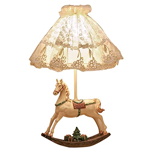 Lámpara de mesa creativa Lámpara de mesa para niños de estilo europeo Dream Girl Interruptor de botón de encaje Lámpara de escritorio de resina de dibujos animados de caballo de Troya para dormitorio