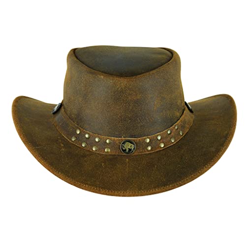 Leatherick Sombrero Cowboy - Sombrero Estilo Australiano Occidental de Cuero de Caballo Loco con Tachuelas Marrones con cordón en la Barbilla (L, Marrón con Stud)