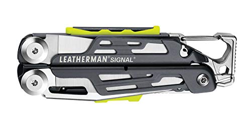Leatherman Signal - Multiherramienta de supervivencia con 19 herramientas, con bloqueo, varilla de hierro para encender el fuego, martillo y silbato, hecho en EE.UU., en gris y funda nylon