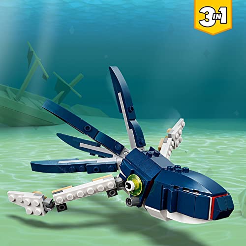 LEGO 31088 Creator 3en1 Criaturas del Fondo Marino: Tiburón, Cangrejo y Calamar o Pez Abisal, Juguete para Niños con Figuras de Animales