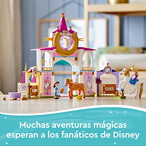 LEGO 43195 Disney Establos Reales de Bella y Rapunzel, Juguete de Construcción con Mini Muñecas y Caballos