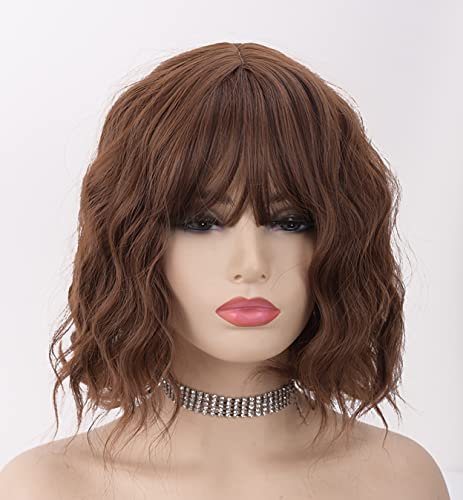 LEMEIZ Pelucas de cobre marrón para mujer de pelo corto, pelucas rizadas Bob para mujeres, peluca de pelo sintético sin pegamento, peluca rizada marrón de 10 pulgadas LEMEIZ-134-4