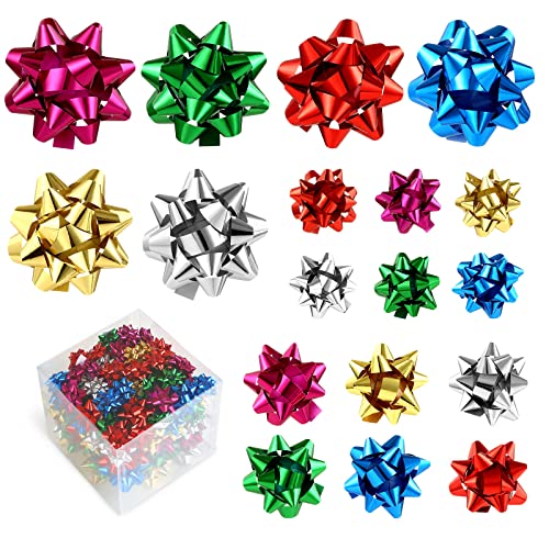 LEMESO Navidad Decoraciones Moños Estrellas 100 Lazos Regalo Adhesivos 3 Tamaños Lazo Decoracion para Envolver Regalos, Lazos Adornos para Caja de Regalo -6 Colores, 3,75 y 5 y 7,5CM de Diámetro