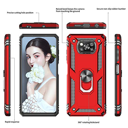 LeYi Funda para Xiaomi Poco X3 Pro/Xiaomi Poco X3 NFC con [2-Unidades] Cristal Vidrio Templado,Armor Carcasa con 360 Grados Anillo Soporte Hard PC y Silicona TPU Bumper Case para Movil Poco X3,Rojo