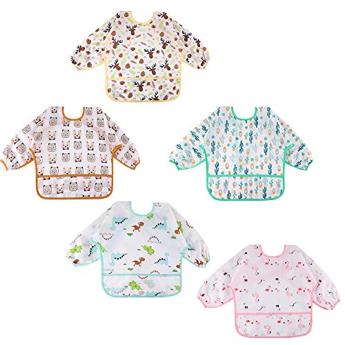 Lictin Baberos Bebe Impermeables- 5 Pcs Baberos Bebe con Mangas con Escote Ajustable, Baberos Bebe Impermeables con Mangas para Bebes de 0-24 Meses