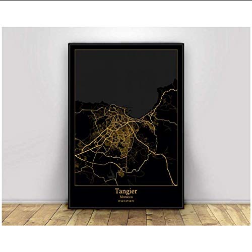 Lienzos de fotos 50x70cm sin marco Tánger, Marruecos, negro y dorado, mapas de luz de la ciudad, mapa de la ciudad del mundo, carteles, estilo nórdico, arte de pared, decoración del hogar